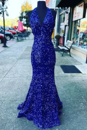 2024 Halter Royal Blue Sequin Evening Dresses UK Long Prom Dress