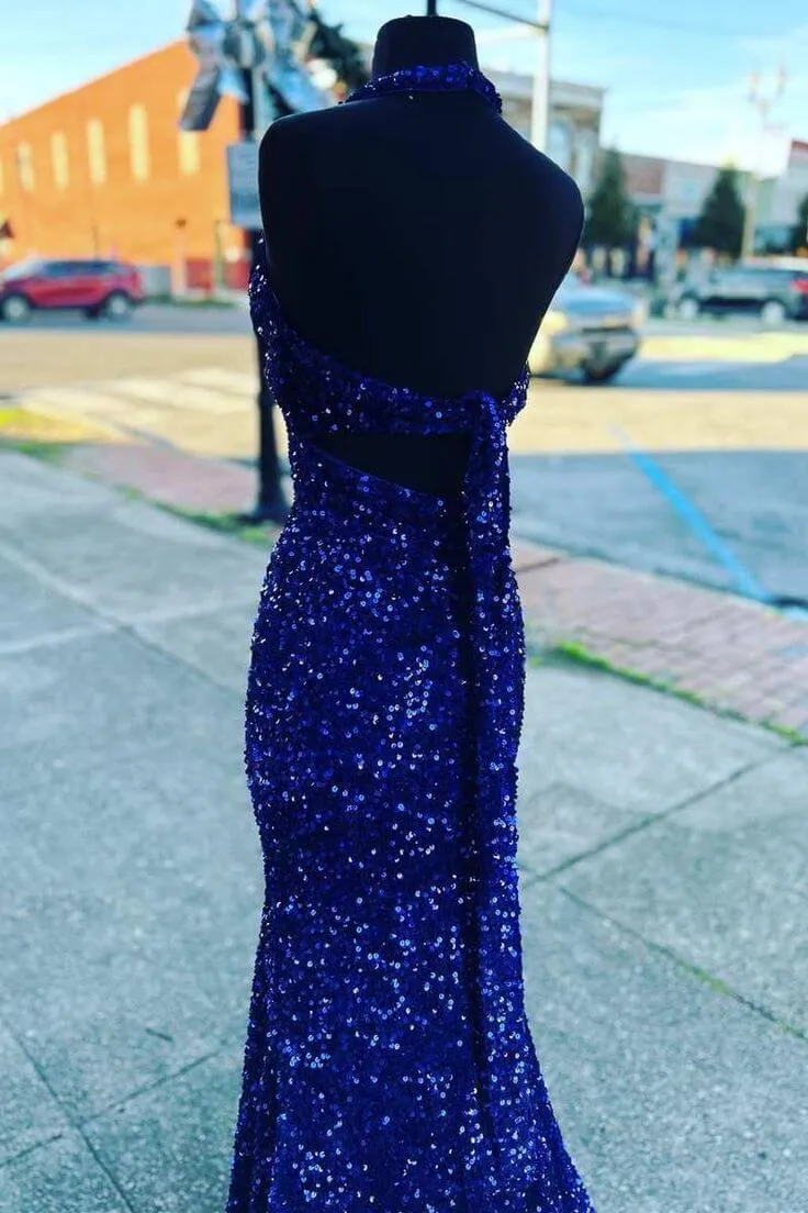 2024 Halter Royal Blue Sequin Evening Dresses UK Long Prom Dress