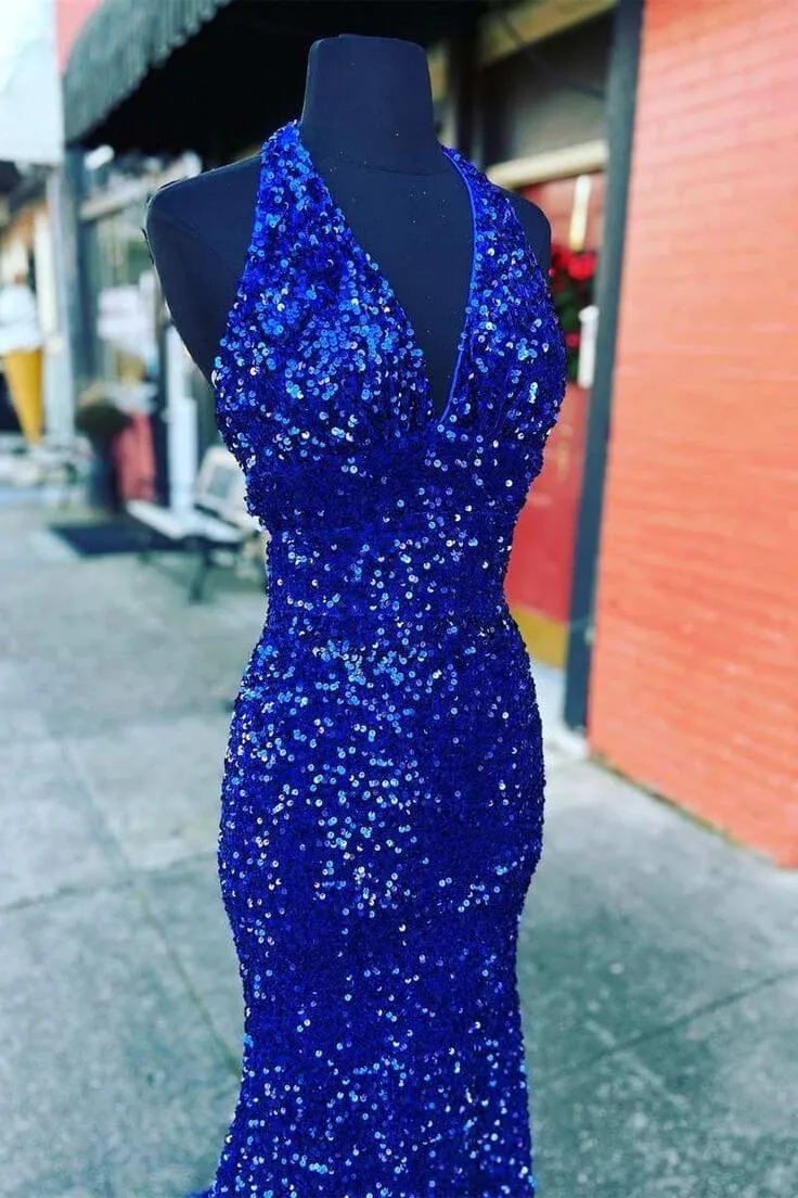 2024 Halter Royal Blue Sequin Evening Dresses UK Long Prom Dress