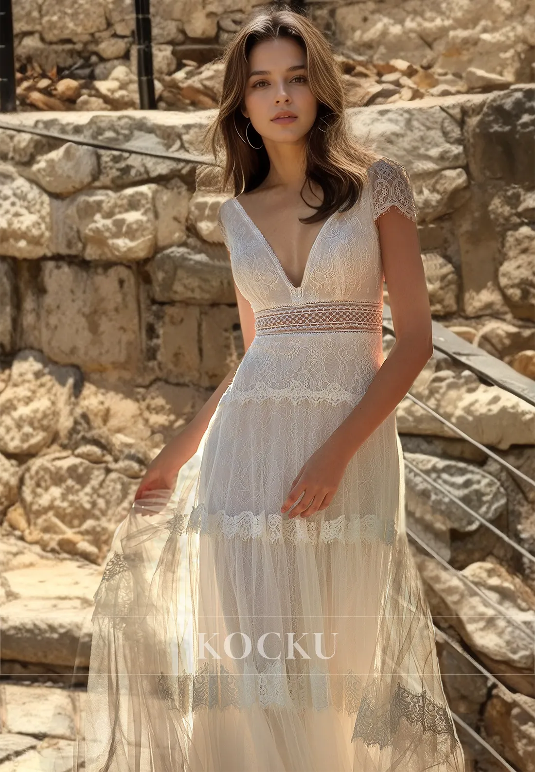 A-Line V-Neck Short Sleeves Appliques Lace Boho Wedding Dress Beach Gowns with Train