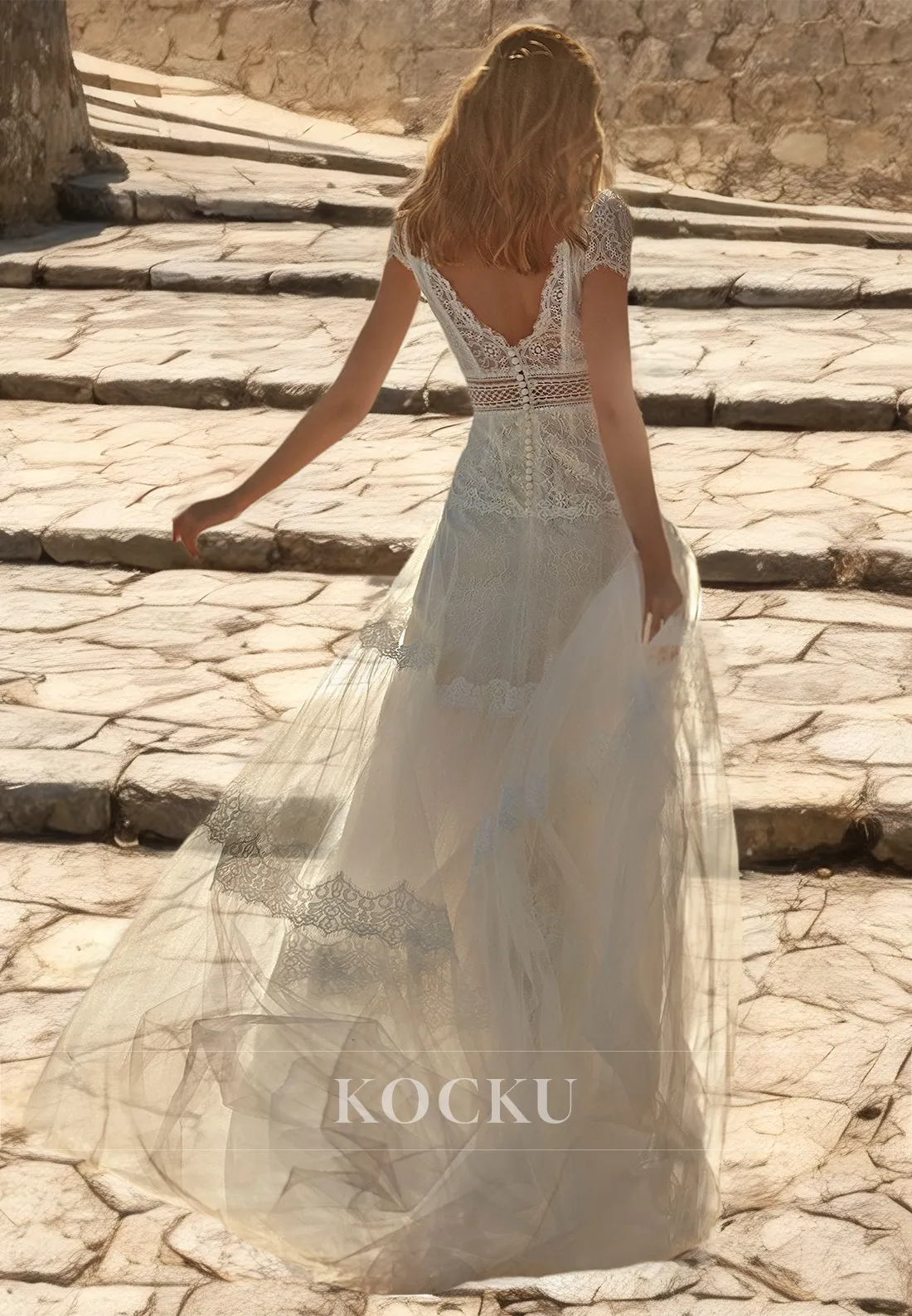 A-Line V-Neck Short Sleeves Appliques Lace Boho Wedding Dress Beach Gowns with Train