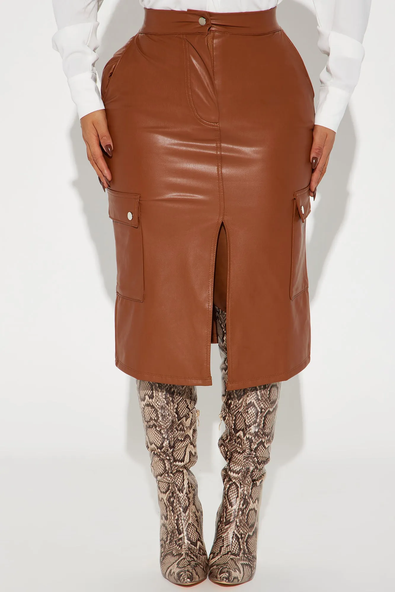 All Yours Faux Leather Midi Skirt - Cognac