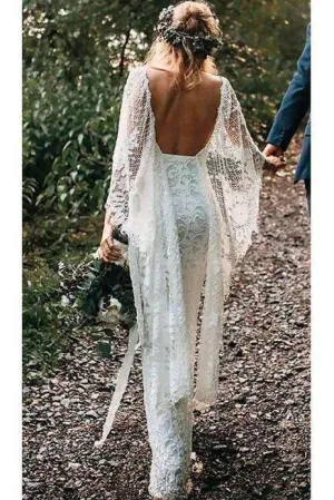 Anneprom Backless Batwing Sleeve Boho Wedding Dresses Mermaid Rustic Wedding Dress APW0287
