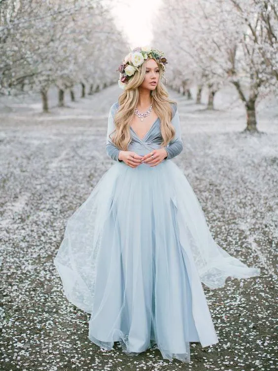 Anneprom Deep V neck Boho Wedding Dress With Long Sleeve Rustic Wedding Dresses APW0352