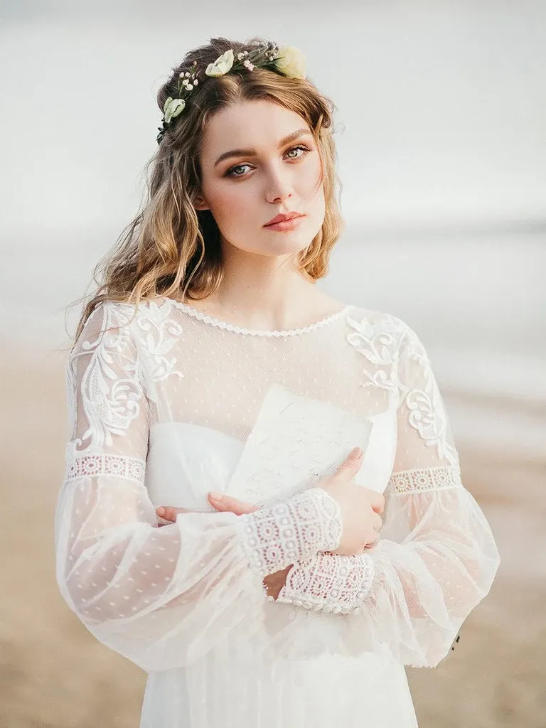 Anneprom See Through Scoop Beach Lace Wedding Dresses Long Sleeve Romantic Boho Wedding Dress Bridal Gowns APW0270
