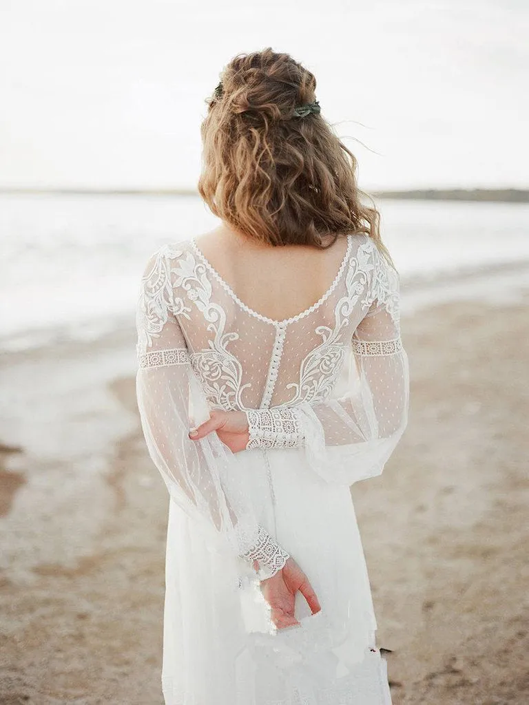 Anneprom See Through Scoop Beach Lace Wedding Dresses Long Sleeve Romantic Boho Wedding Dress Bridal Gowns APW0270