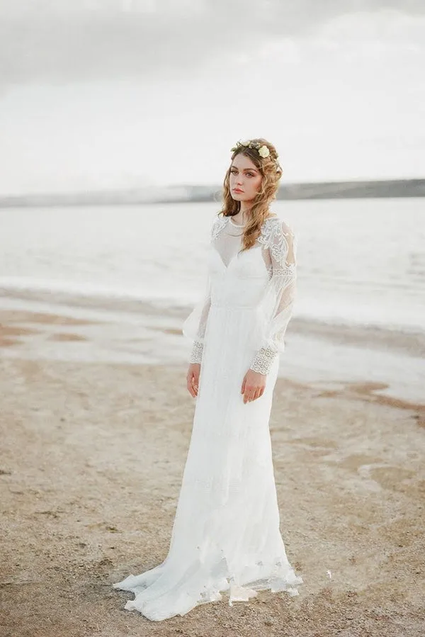 Anneprom See Through Scoop Beach Lace Wedding Dresses Long Sleeve Romantic Boho Wedding Dress Bridal Gowns APW0270
