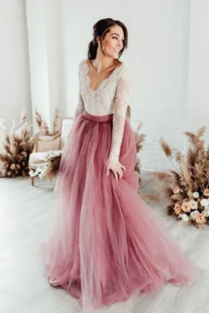 Anneprom Two Pieces V neck Boho Wedding Dress With Long Sleeve Rustic Lace Wedding Dresses APW0406