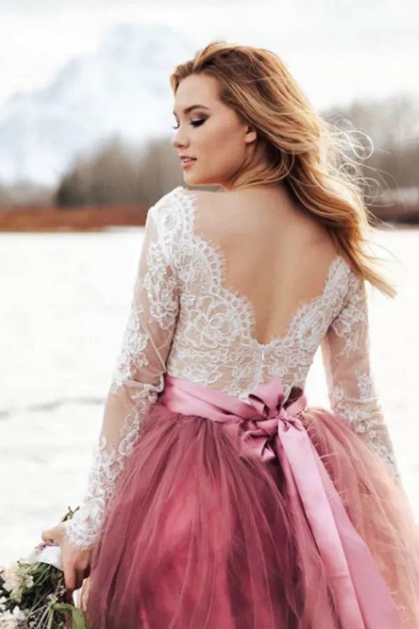 Anneprom Two Pieces V neck Boho Wedding Dress With Long Sleeve Rustic Lace Wedding Dresses APW0406