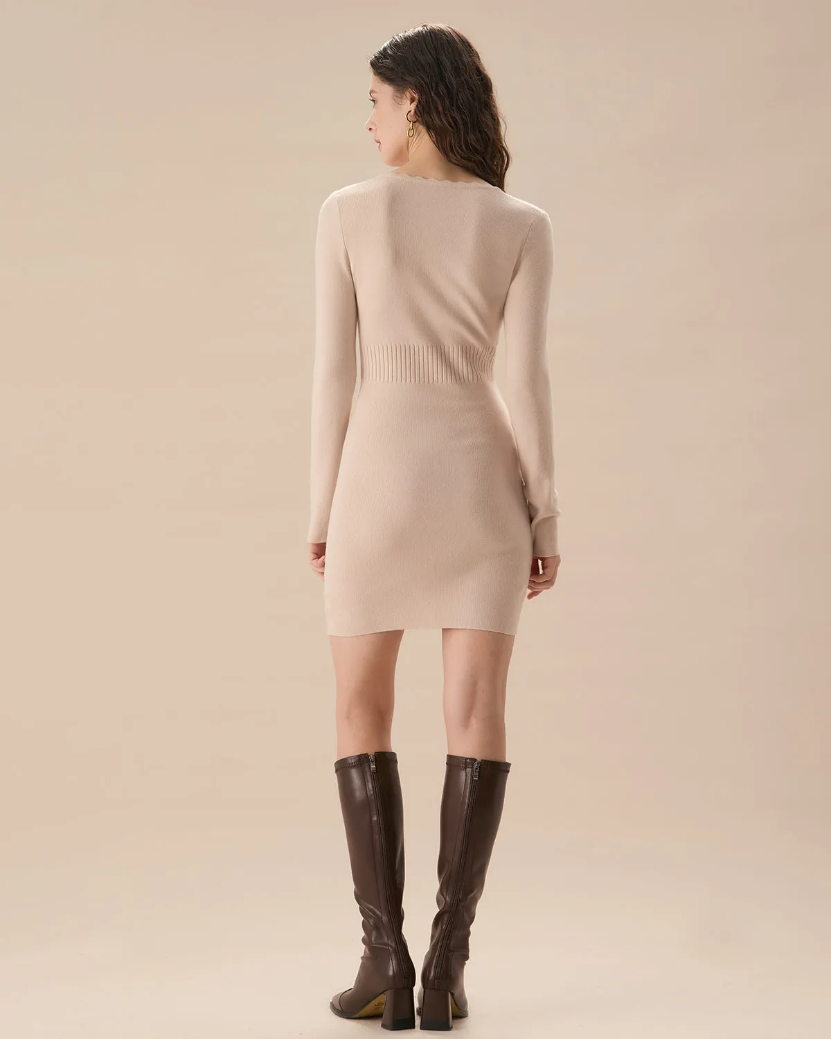 Apricot V-Neck Bodycon Sweater Dress