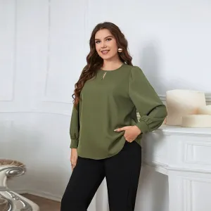Army Green Round Neck Plus Size Long-Sleeved Blouse