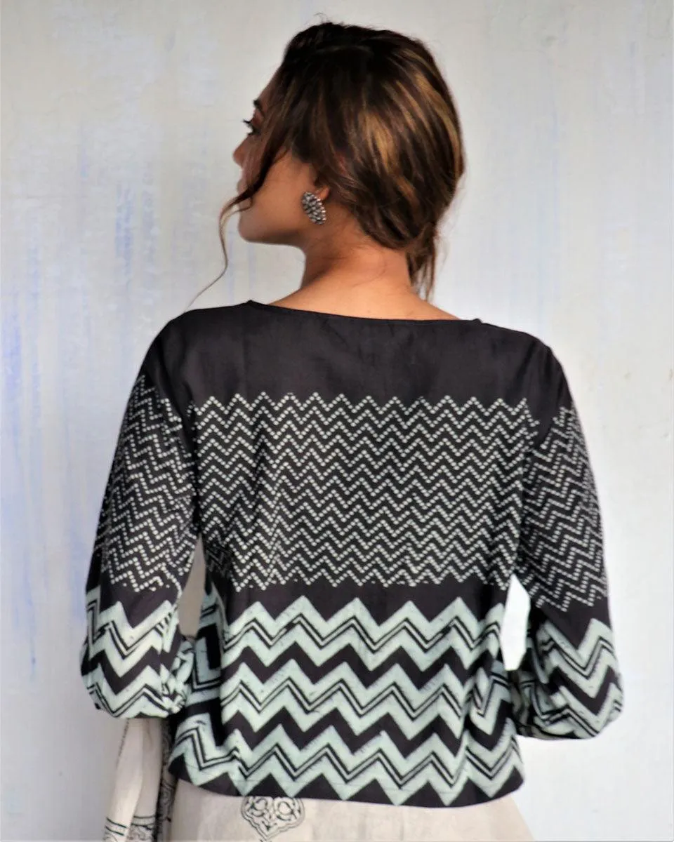 Black Block Printed Crop Top Blouse