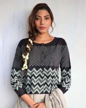 Black Block Printed Crop Top Blouse