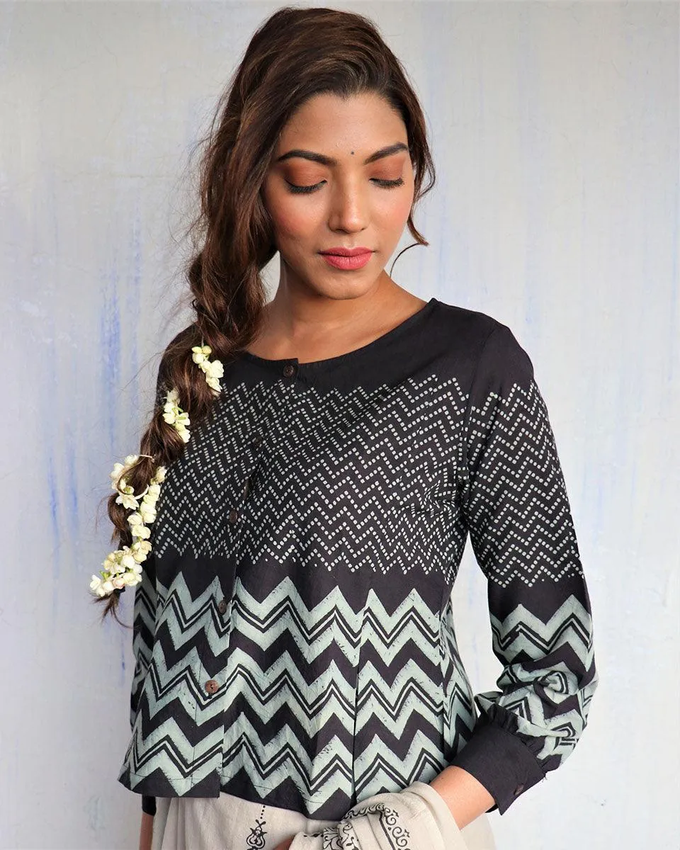 Black Block Printed Crop Top Blouse