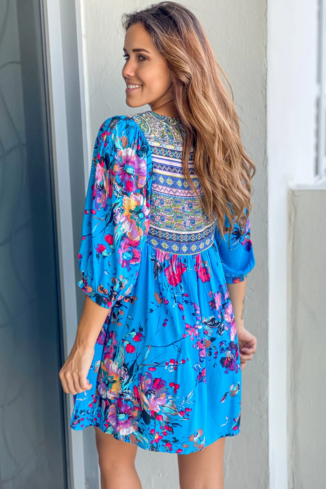 Blue Boho Floral Printed Short Dress