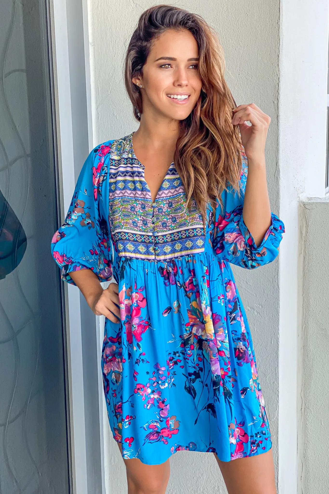 Blue Boho Floral Printed Short Dress