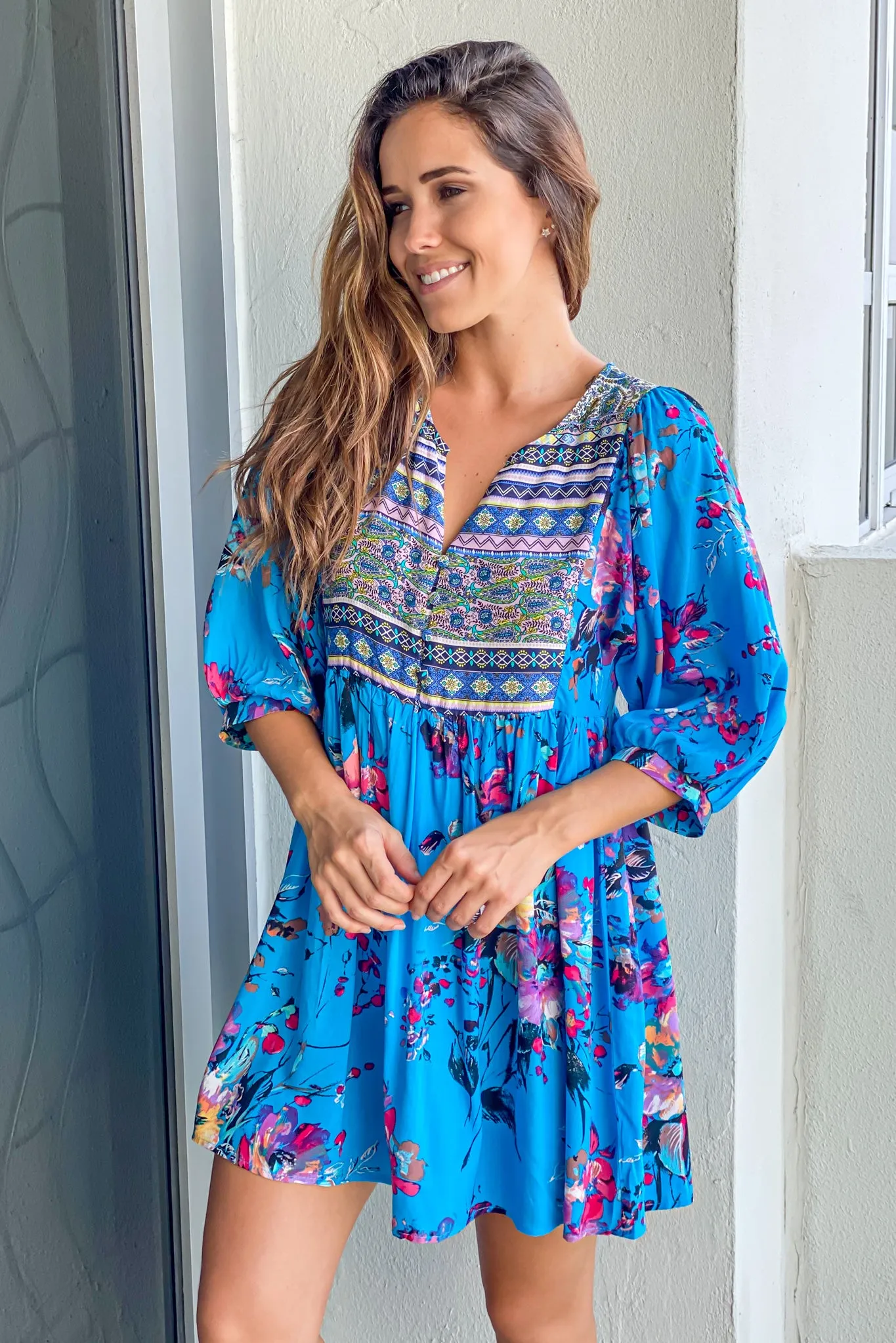 Blue Boho Floral Printed Short Dress