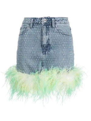 Blue Rhinestone Feather Denim Skirt