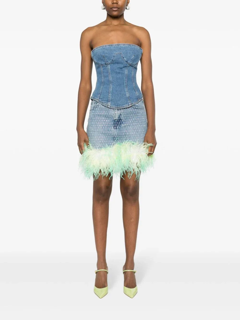 Blue Rhinestone Feather Denim Skirt