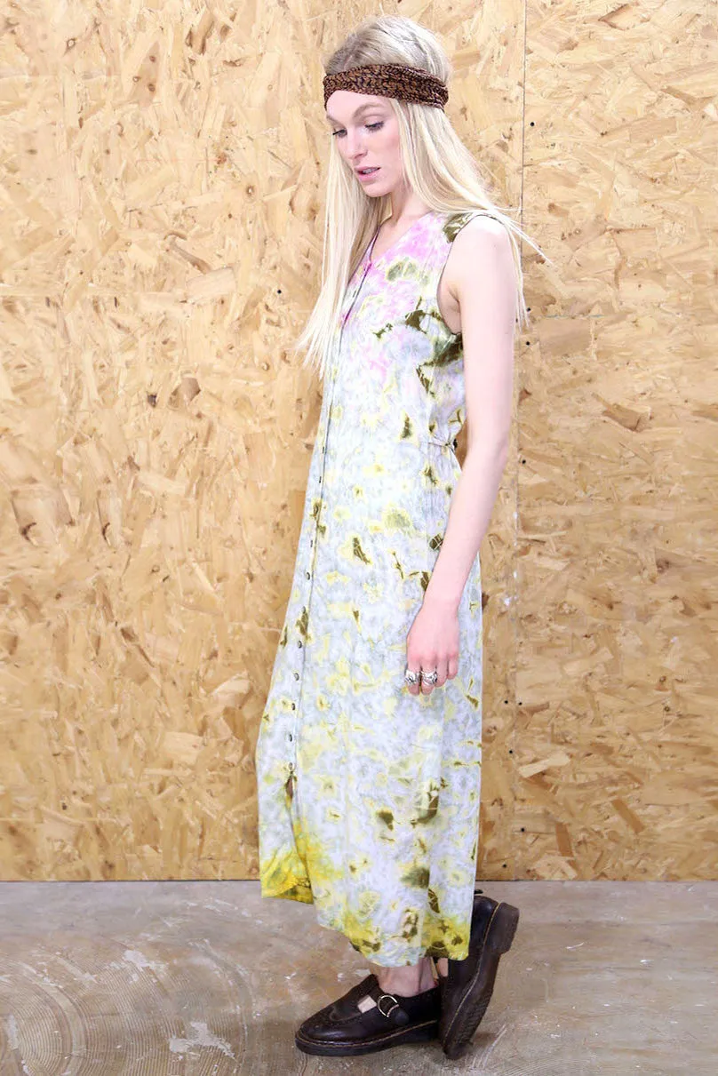 Boho Tie-Dye Effect Acid Wash Button Through Maxi Dress
