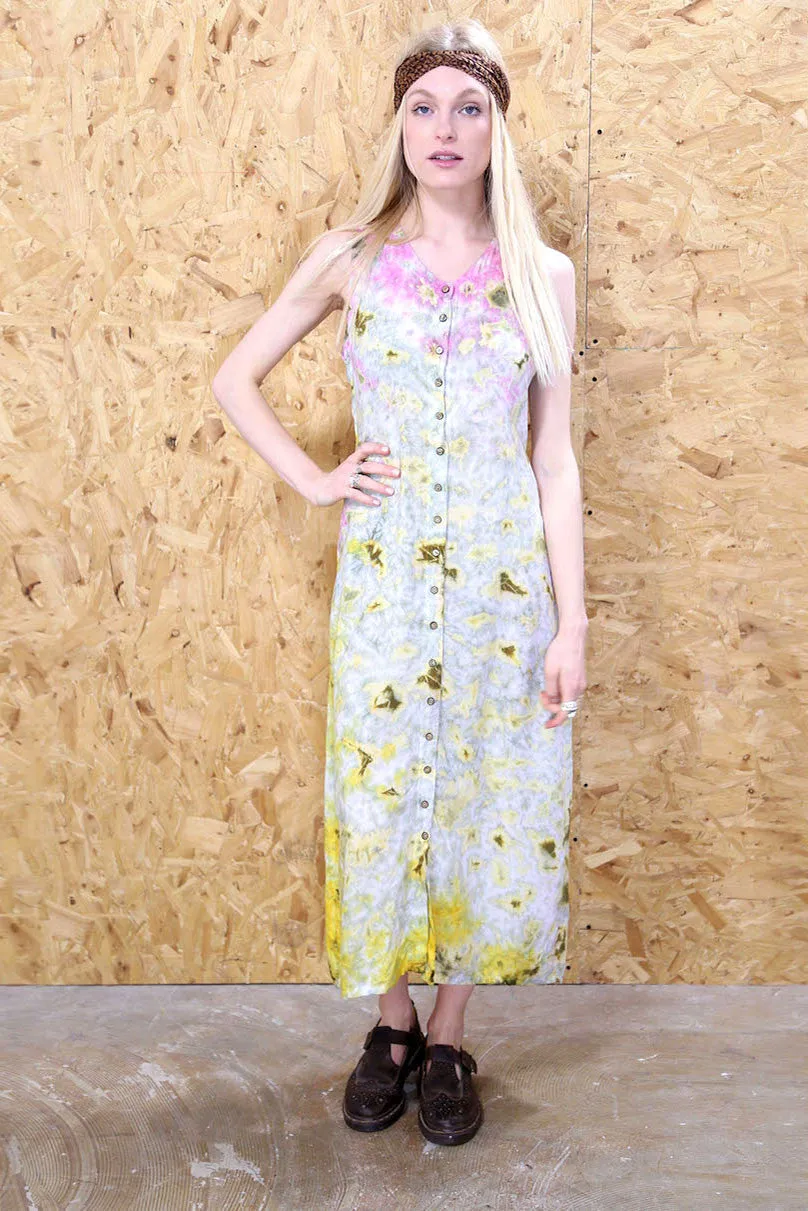 Boho Tie-Dye Effect Acid Wash Button Through Maxi Dress