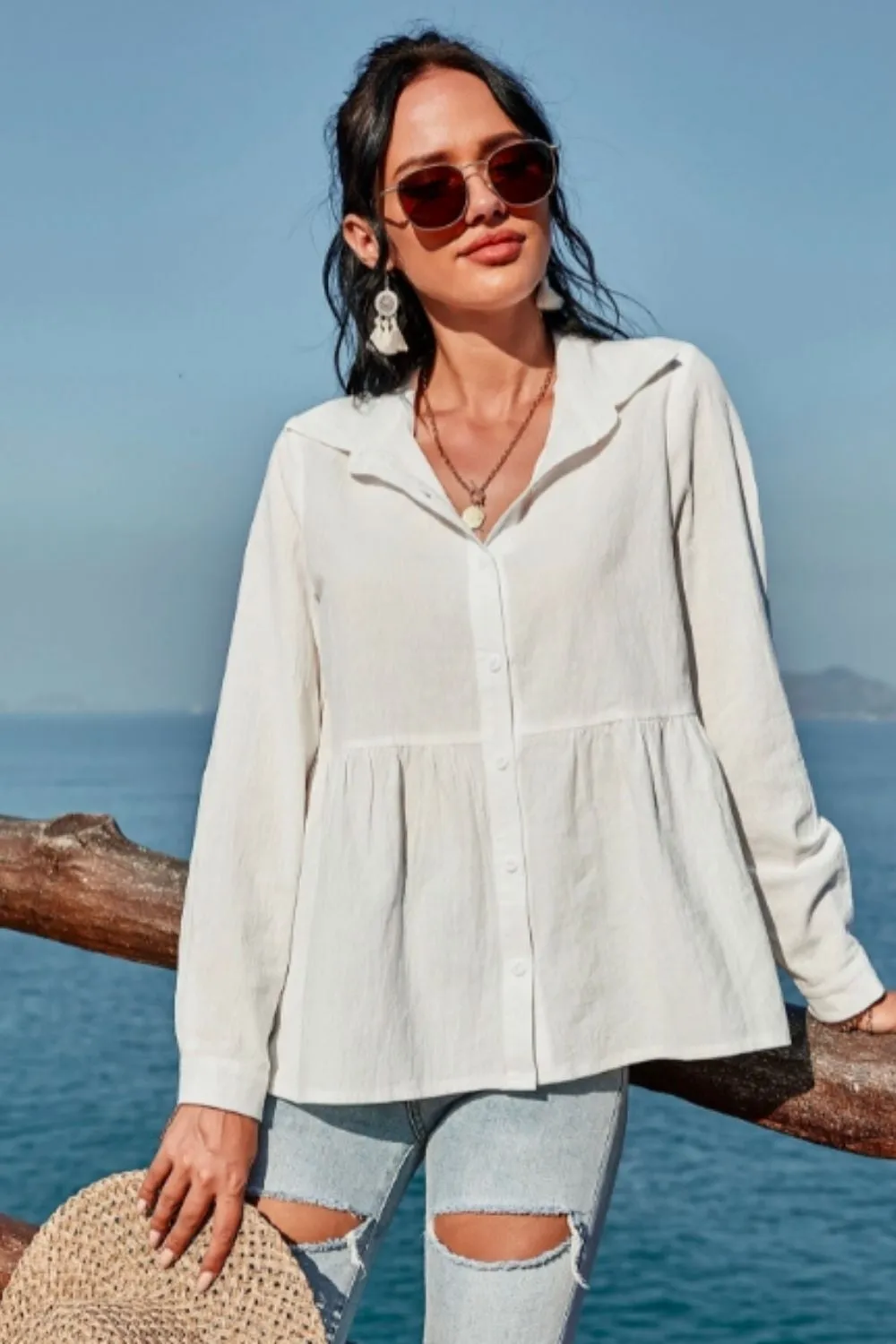 Button Down Peplum Blouse White