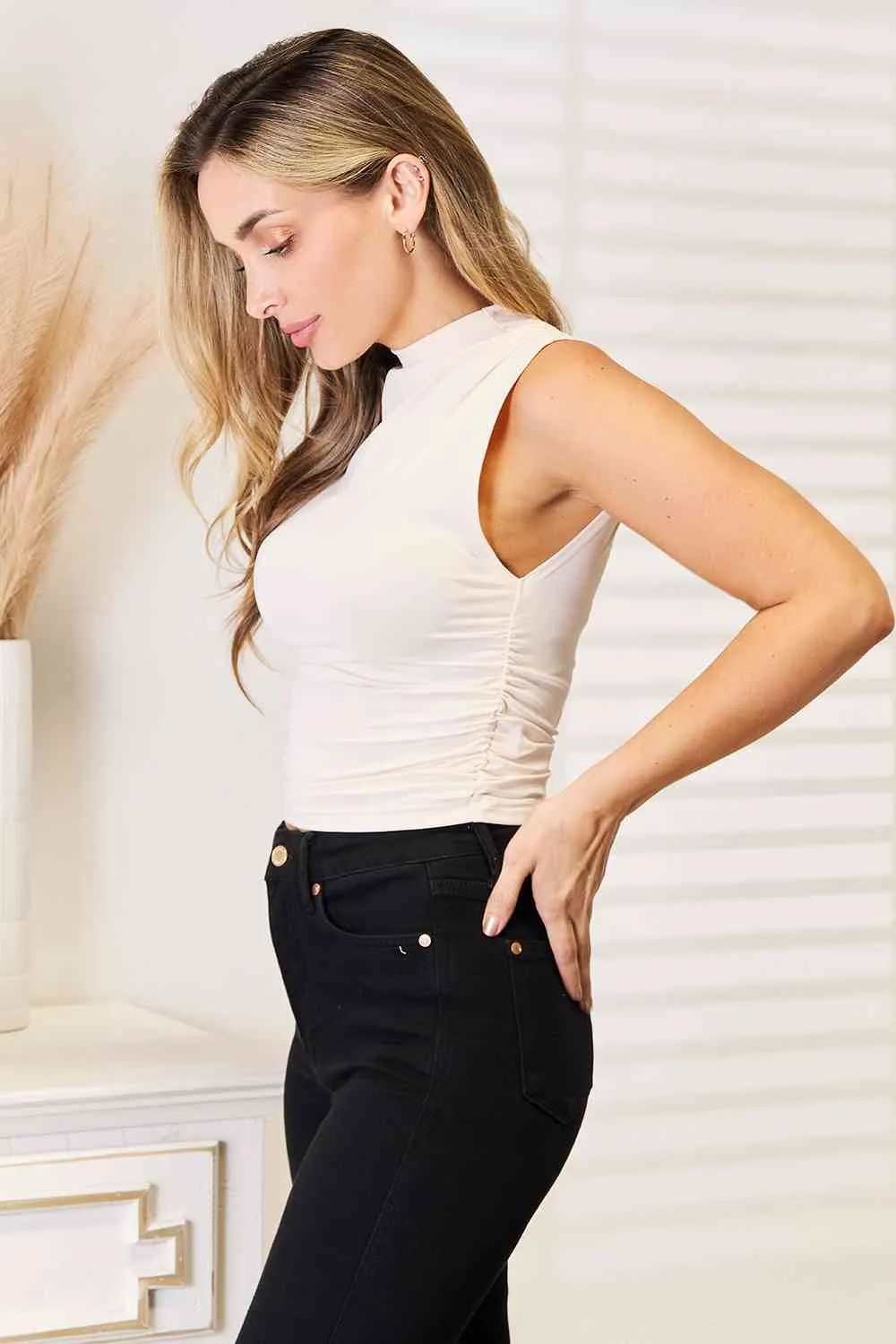 Capsule Wardrobe Mock Neck Ruched Cropped Tank