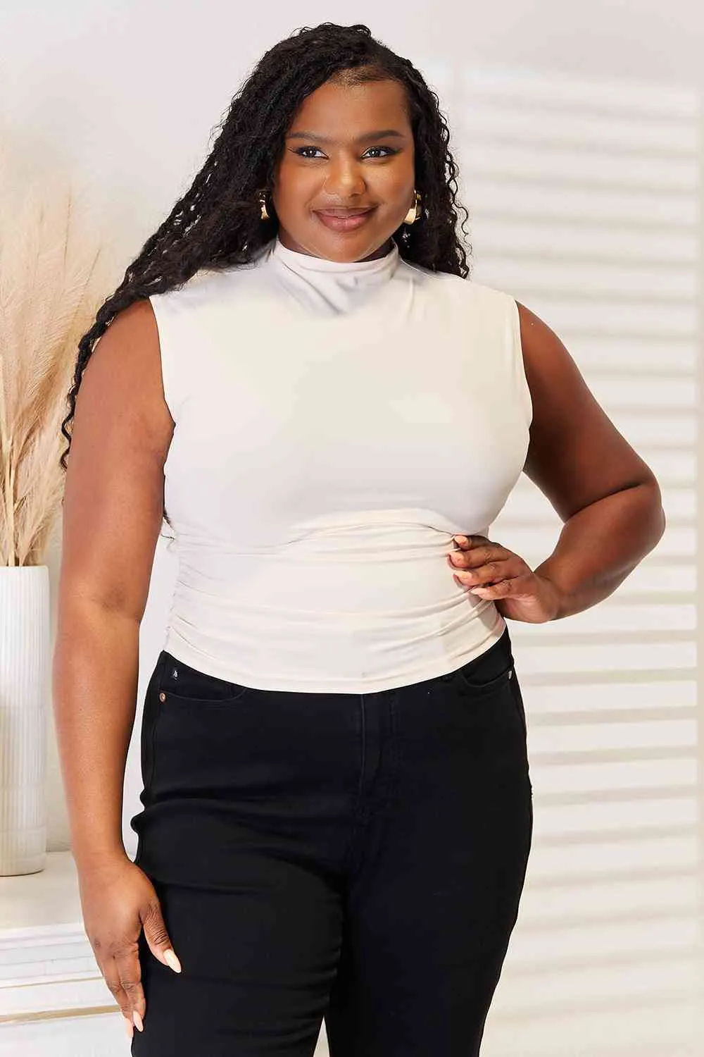 Capsule Wardrobe Mock Neck Ruched Cropped Tank