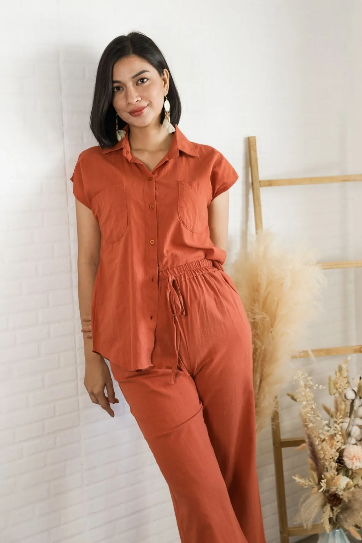 CASSIE Linen Top & Pants Co-ord (Rust Orange)
