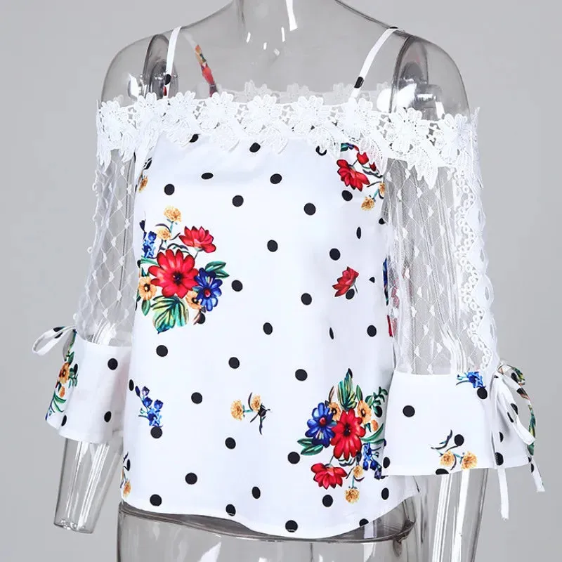 Casual Shirt Shoulder Mesh Dots Floral Print Blouse