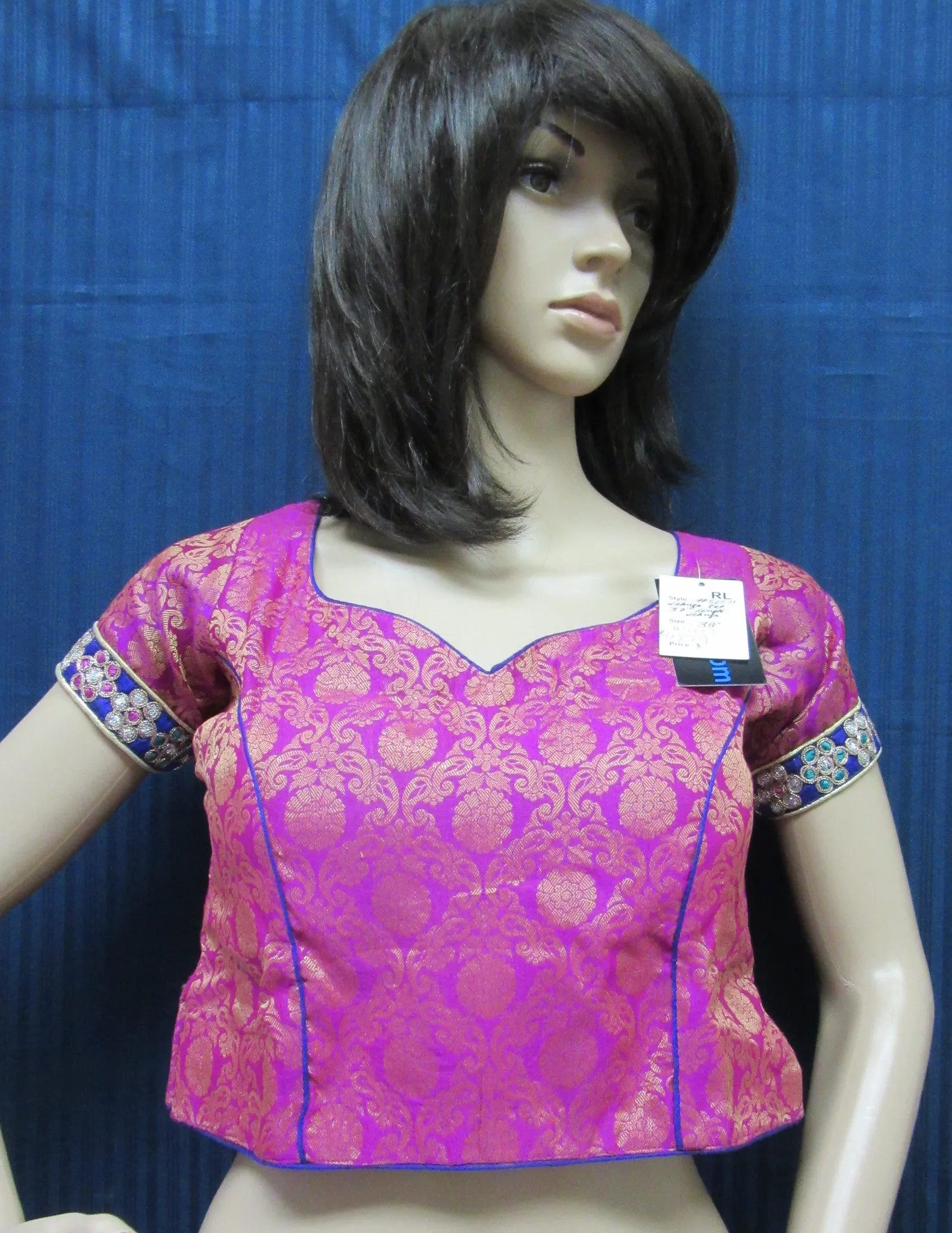 Choli 4729 Pink Blue Brocade Medium Sari Lehenga Blouse Indian Shieno Sarees