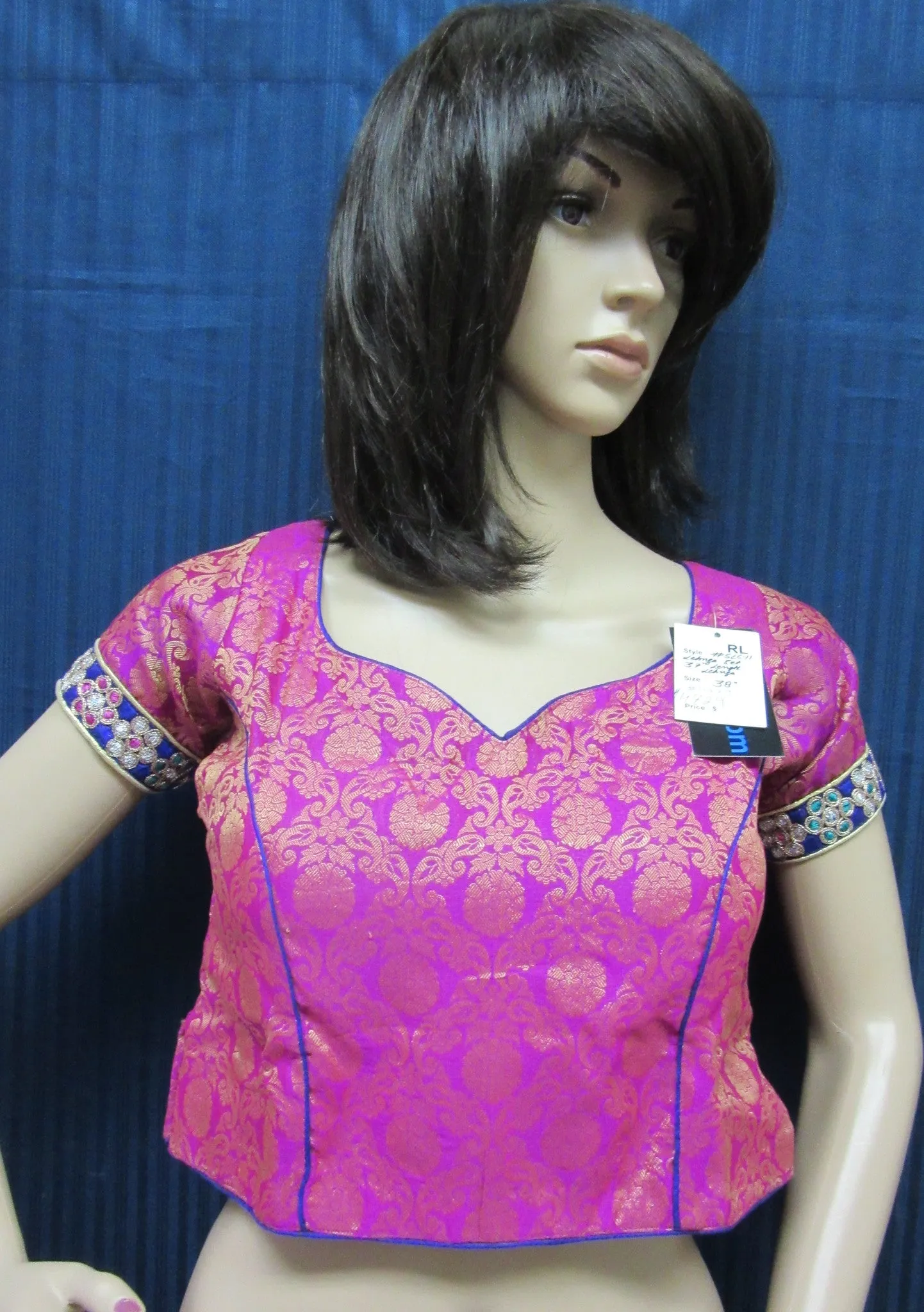 Choli 4729 Pink Blue Brocade Medium Sari Lehenga Blouse Indian Shieno Sarees