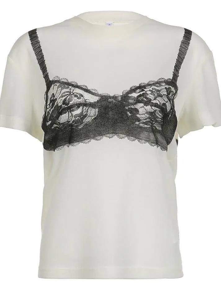 Contrast Lace Sheer Corset Printed Tee