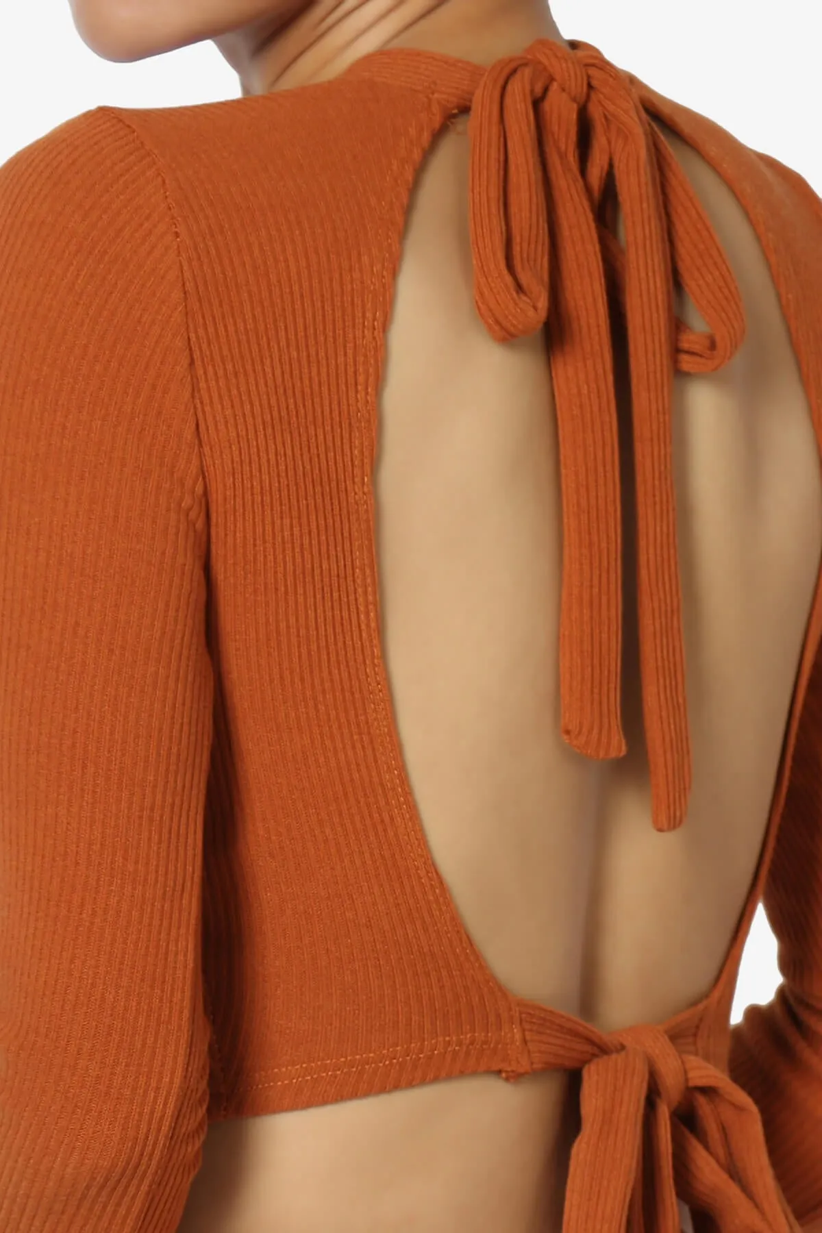 Costello Open Back Tie Long Sleeve Ribbed Top