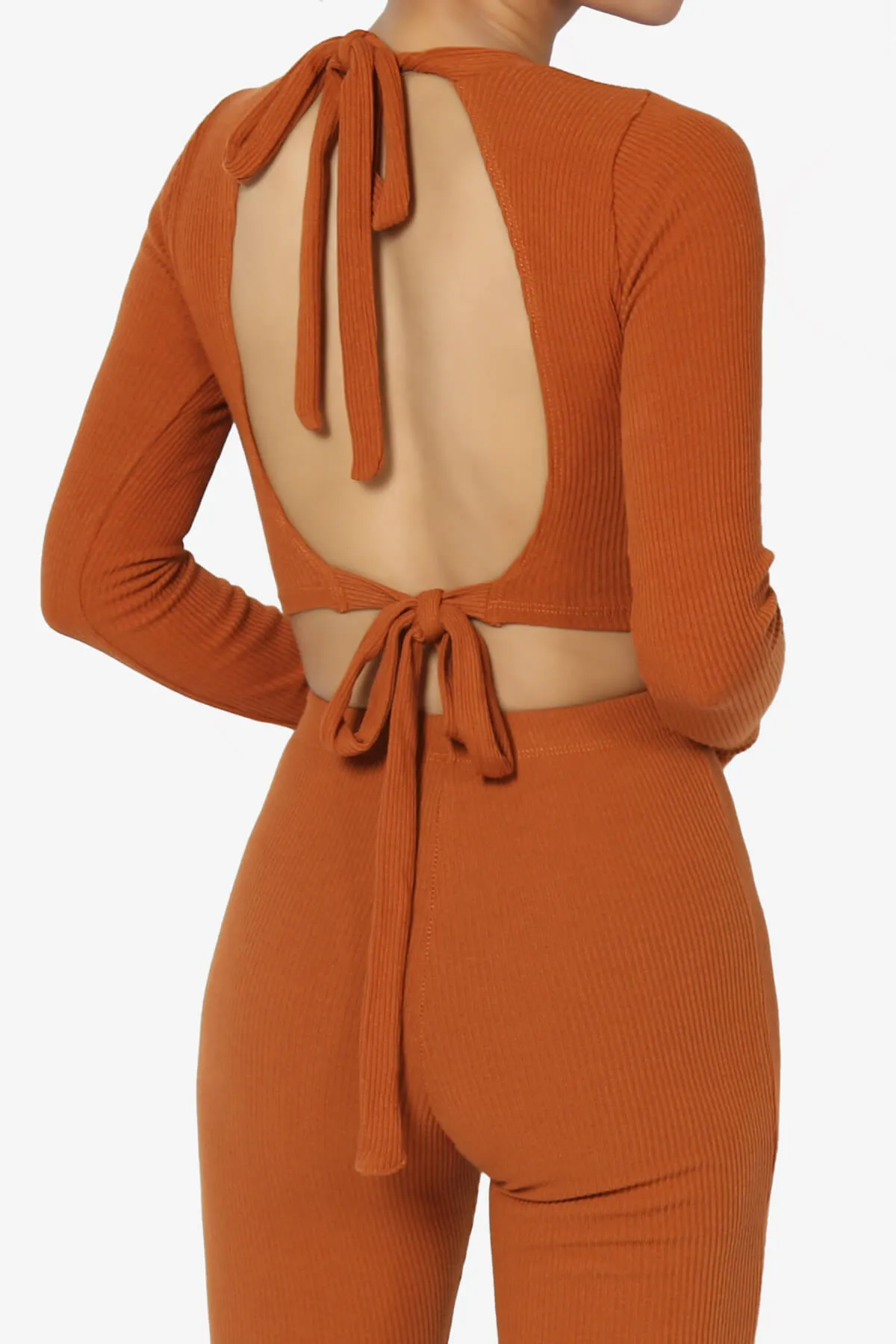 Costello Open Back Tie Long Sleeve Ribbed Top
