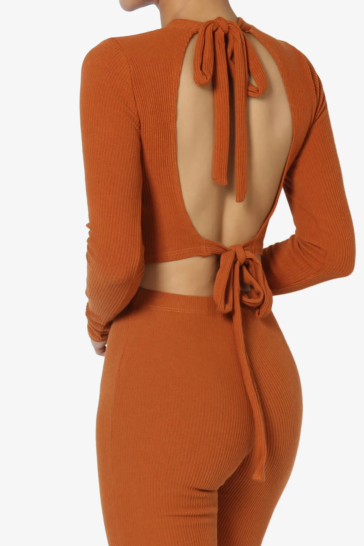 Costello Open Back Tie Long Sleeve Ribbed Top