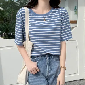 Cotton Loose Striped Casual Basic Female Tee-Top