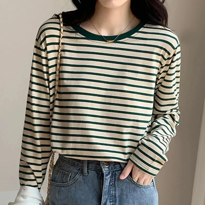 Cotton Loose Striped Casual Basic Female Tee-Top