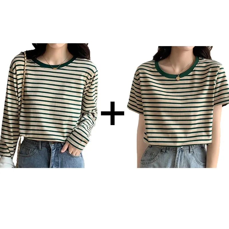 Cotton Loose Striped Casual Basic Female Tee-Top