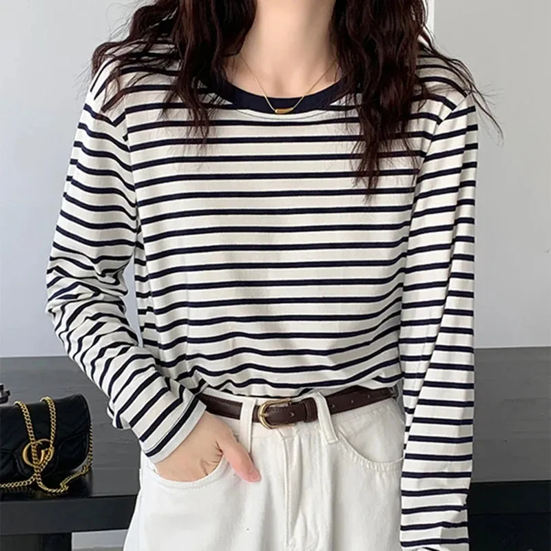Cotton Loose Striped Casual Basic Female Tee-Top