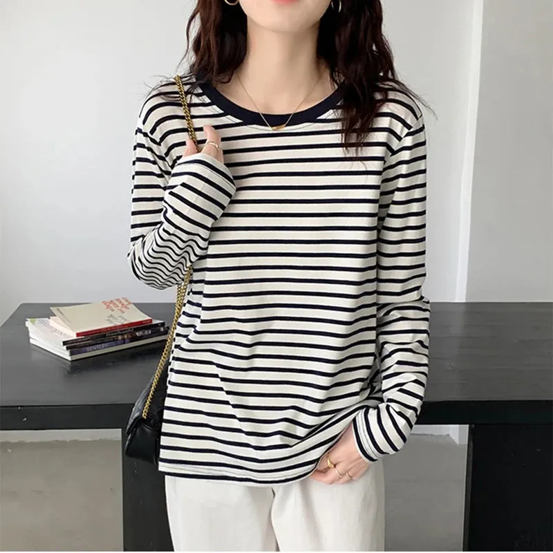 Cotton Loose Striped Casual Basic Female Tee-Top