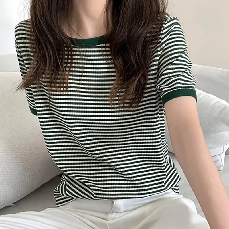 Cotton Loose Striped Casual Basic Female Tee-Top