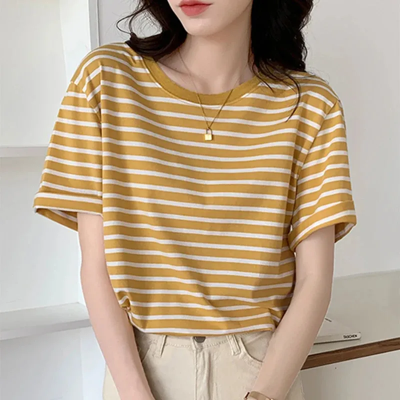 Cotton Loose Striped Casual Basic Female Tee-Top