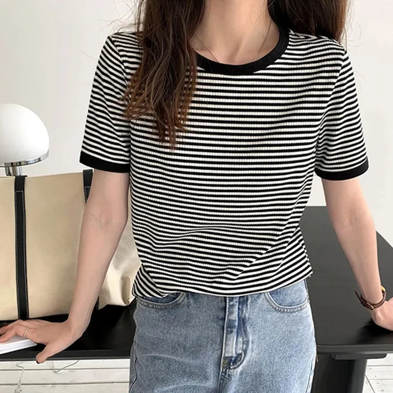 Cotton Loose Striped Casual Basic Female Tee-Top