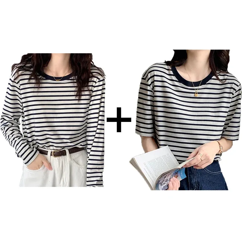 Cotton Loose Striped Casual Basic Female Tee-Top