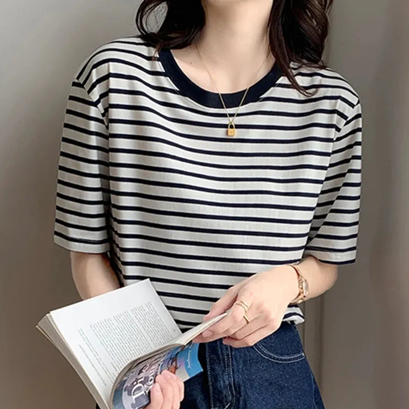 Cotton Loose Striped Casual Basic Female Tee-Top