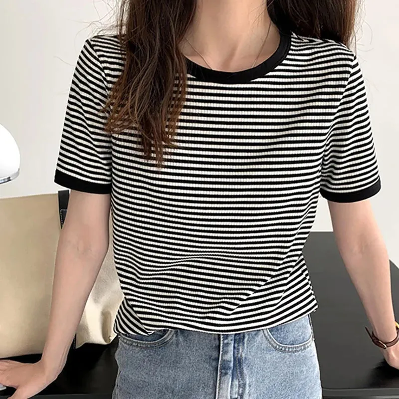 Cotton Loose Striped Casual Basic Female Tee-Top