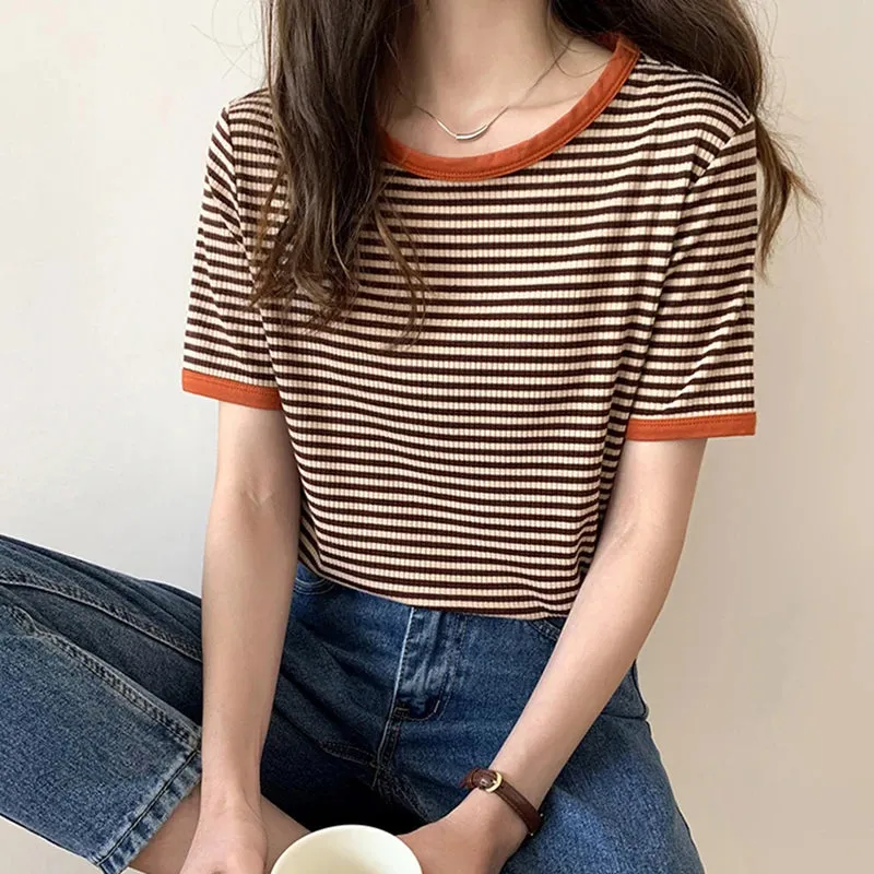 Cotton Loose Striped Casual Basic Female Tee-Top