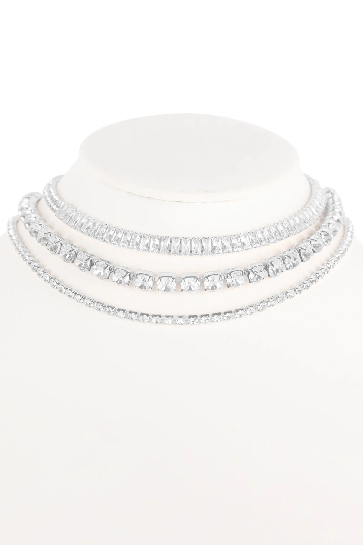 CUBIC ZIRCONIA & RHINESTONE BAGUETTE 3 LAYER CHOKER SET NECKLACE