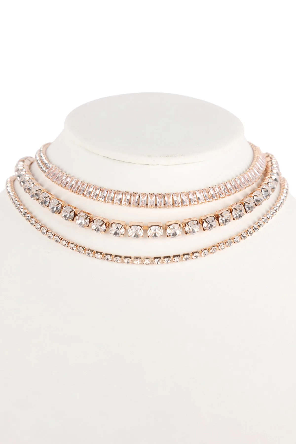 CUBIC ZIRCONIA & RHINESTONE BAGUETTE 3 LAYER CHOKER SET NECKLACE